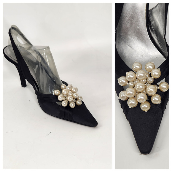 Enzo Angiolini Satin Sling Back Pointed Toe Pearl Pump Heels Womens 8.5M Black - Picture 1 of 10